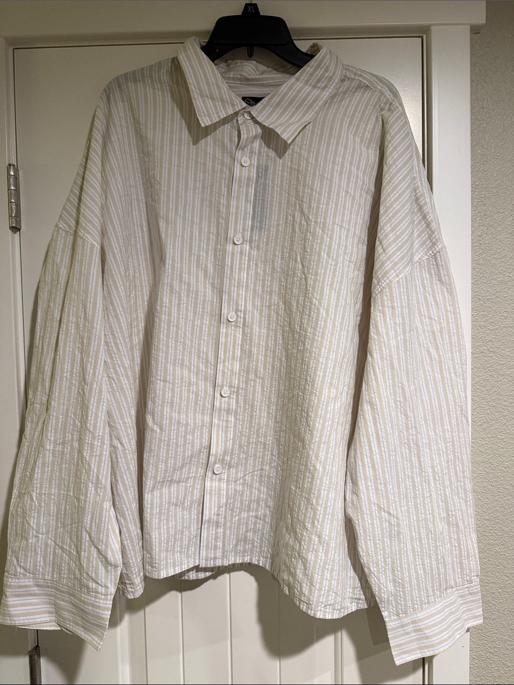 Lightweight Oversized Striped Button-Up Shirt in Cream and White w Blue Stripe